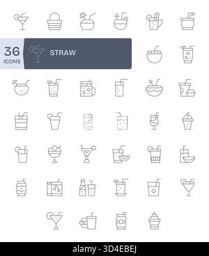 Un ensemble polyvalent de 40 icônes vectorielles Thin Line axées sur la paille, idéal pour les applications mobiles et web. Illustration de Vecteur