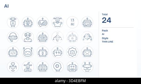 Une bibliothèque raffinée de 24 icônes Thin Line conçues pour l'IA, idéales pour la conception d'entreprise. Illustration de Vecteur