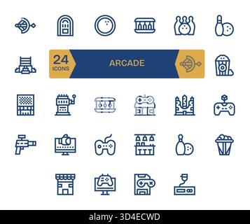 Cette collection comprend 24 icônes Bold Line adaptées au thème Arcade, idéales pour le design numérique. Illustration de Vecteur
