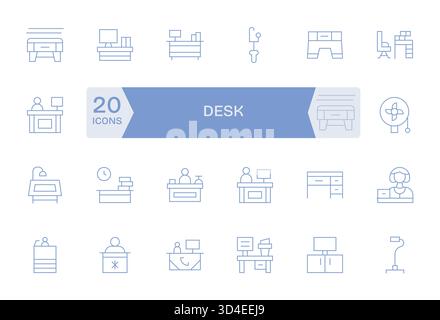 Un ensemble soigneusement réglé de 24 icônes Thin Line inspirées par Desk, idéal pour les interfaces utilisateur complexes. Illustration de Vecteur