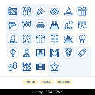 Une collection minimaliste de 28 icônes Bold Line reflétant Holiday, construit pour la clarté à n'importe quelle taille. Illustration de Vecteur