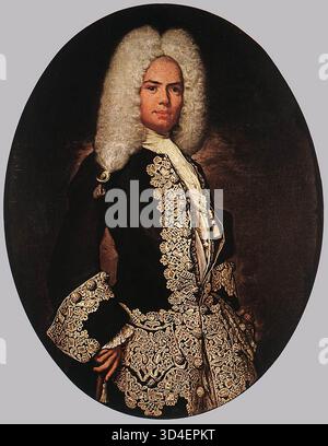 GHISLANDI, Giuseppe (né en 1655, Bergame, mort en 1743, Bergame) Portrait d'un gentleman c. 1730 huile sur toile, 127 x 98 cm Pinacoteca di Brera, Milan le sujet est considéré comme un noble, un membre de la famille Tassi de Bergame. Dans cette peinture tardive, Ghislandi rejette les couleurs raffinées de ses portraits de jeunesse. Sa palette est maintenant concentrée sur les dorés, les blancs, les bruns et les noirs intenses et veloutés. Son inventivité optique est fraîche, et dans les plis d’un foulard, dans la tresse d’une manchette ou d’un revers, il a réussi à créer des notes rococo enchantées. --- mots-clés : ------------- Auteur : Banque D'Images