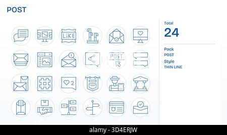 Un ensemble soigneusement réglé de 24 icônes Thin Line inspirées par Post, idéal pour les interfaces utilisateur complexes. Illustration de Vecteur