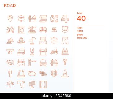Un ensemble polyvalent de 40 icônes vectorielles Thin Line axées sur la route, idéal pour les applications mobiles et Web. Illustration de Vecteur