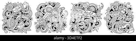 Véhicules électriques vecteur de dessin animé ensemble de conceptions de doodle. Compositions détaillées esquissées avec beaucoup d'objets et de symboles EV Illustration de Vecteur