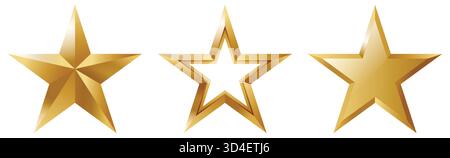Ensemble d'icônes 3D Golden Star : variations métalliques à facettes, soulignées et lisses. Premium, symboles géométriques pour la notation, le prix et la réussite Illustration de Vecteur