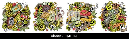 Véhicules électriques vecteur de dessin animé ensemble de conceptions de doodle. Compositions détaillées colorées avec beaucoup d'objets et de symboles EV Illustration de Vecteur