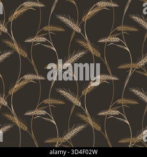 Motif sans couture de deux rangées de blé sur un fond brun. Pour la conception d'emballage, les cartes, la couverture, les impressions, les étiquettes de produits et le tissu. Illustration de Vecteur