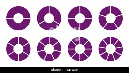Des diagrammes divisés ronds de roue violette avec deux, trois, quatre, cinq, six, sept, huit, neuf, dix, onze segments. Division circulaire sur 2, 3, 4, 5, 6, 7, 8 Illustration de Vecteur