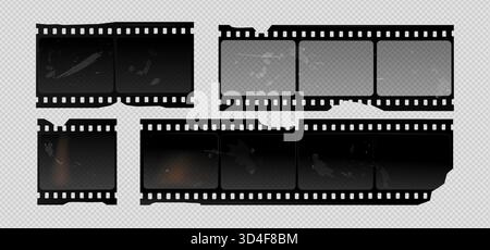 Bandes de film vintage déchiré ensemble isolé sur fond transparent. Illustration réaliste vectorielle de vieilles photos ou cadres de film avec des bords endommagés, des bordures de caméra rétro, bande de film noir, réalisation de films de cinéma Illustration de Vecteur