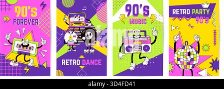 Bannières musicales rétro groovy. 80s 90s affiche vibrante avec des personnages mignons, boule disco, disque vinyle, cassette. Modèle de vecteur néotérique de partie de nostalgie Illustration de Vecteur