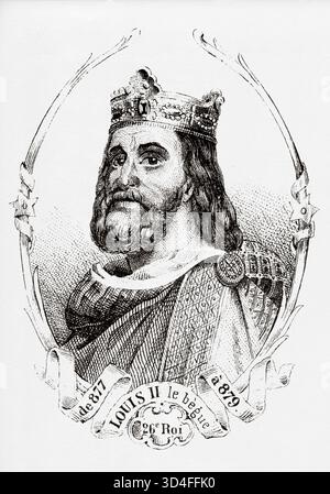 Portrait de Louis II le Stammerer (846-879) Roi des Francs. Illustration ancienne d'Emile Simon (1805-1886) tirée de l'Atlas historique et pittoresque, histoire universelle 1861 Banque D'Images