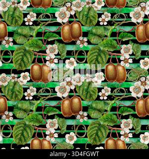 Fleurs blanches, feuilles vertes, branches et kiwi aux fruits bruns. Motif sans couture sur un fond noir rayé. Modèle botanique pour textil de cuisine à domicile Banque D'Images