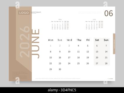 Le calendrier pour juin 2026 est blanc et beige. La mise en page du calendrier pour juin 2026 avec la date du début de la semaine le lundi. Illustration de Vecteur