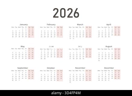 Calendrier minimaliste pour 2026. Disposition vectorielle d'un calendrier mural ou de bureau pour 2026 avec la date du début de la semaine le lundi. Illustration de Vecteur