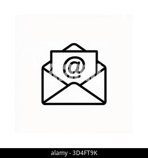 Simple dessin au trait noir et blanc d'une enveloppe ouverte avec un morceau de papier à l'intérieur affichant le symbole AT. Illustration de Vecteur