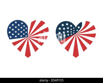 Deux drapeaux américains en forme de coeur rayonnant des rayures et des étoiles sur fond blanc Illustration de Vecteur