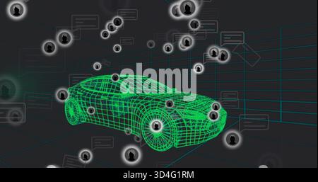 Affichage de la berline filaire vert fluo planant dans une grille turquoise montrant les nœuds utilisateurs éclairés et les liens de discussion Banque D'Images