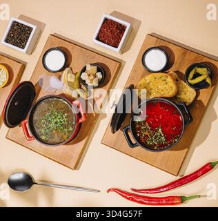 Nourriture, différentes soupes. Vue de dessus sur le borscht et la soupe de poulet Banque D'Images