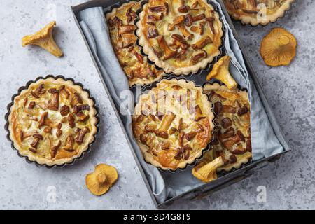 Nourriture, tartes salées avec des champignons chanterelles sur fond de béton gris, vue de dessus Banque D'Images