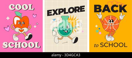 Définir des cartes lumineuses avec des personnages kawaii de fournitures scolaires.Flask, balle, personnages de pomme avec un visage heureux, personnages comiques mignons, bienvenue à l'école concept.Cool école pour l'étude, le sport, explorer. Vecteur Illustration de Vecteur