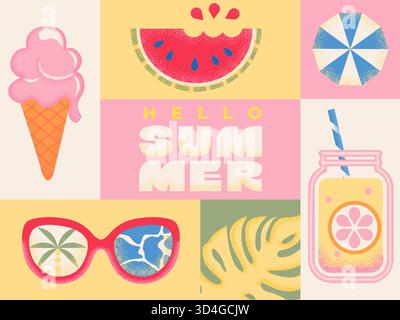 Bannière d'été rétro avec des symboles texturés de la saison chaude - crème glacée, pastèque, limonade, lunettes de soleil et feuille tropicale. Modèle pour affiches, couvertures, web, marketing et impression. Illustration vectorielle. Illustration de Vecteur