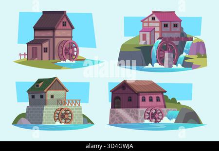Moulin à eau. Maisons de style ancien en bois avec des roues préparant la farine pour le pain illustration exacte de construction de vecteur dans l'illustration originale de style de bande dessinée Illustration de Vecteur