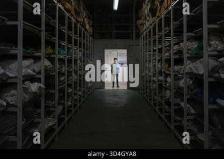 L'anthropologue légiste Dragana Vucetic de la Commission internationale des personnes disparues (ICMP) tente d'identifier les restes d'une victime de la guerre de Bosnie de 1992 à 95, Tuzla, Bosnie-Herzégovine. Banque D'Images