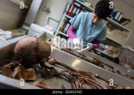 L'anthropologue légiste Dragana Vucetic de la Commission internationale des personnes disparues (ICMP) tente d'identifier les restes d'une victime de la guerre de Bosnie de 1992 à 95, Tuzla, Bosnie-Herzégovine. Banque D'Images