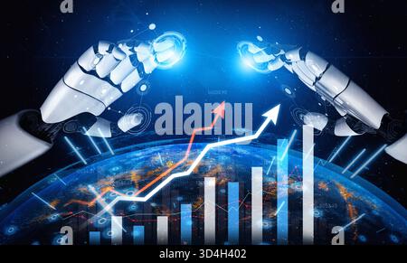 Image futuriste de mains robotiques interagissant avec des graphiques brillants et des tendances de données au-dessus d'un globe numérique, symbolisant l'innovation et la puissance de Banque D'Images