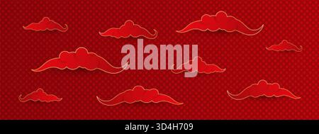 Motif de nuages chinois. Réaliste nuage japonais Papercut fond rouge, papier coupé ciel venteux asiatique ornement traditionnel lignes dorées lunaire nouvel an f Illustration de Vecteur