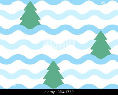 Modèle simple sans couture bleu clair pastel abstrait des vagues de neige, arbre de pins verts sur fond blanc. Idéal pour la décoration des enfants, textiles d'hiver Illustration de Vecteur