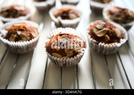 Muffins aux amandes sans gluten refroidissant après la cuisson. Les gâteries sans gluten maison favorisent une alimentation saine et permettent un contrôle total des ingrédients pour un plus Banque D'Images