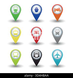 Icônes d'emplacement de transport définies. Broches de carte de couleur vectorielle avec voiture, bus, train, métro, avion, symboles du navire. Marqueurs de voyage et de navigation pour l'application Map Illustration de Vecteur