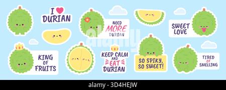 Personnages de fruits duriens. Autocollants positifs drôles avec de la nourriture crue exotique et du texte. Roi des fruits, ingrédient végétal asiatique. Dessert à base de plantes, rac Illustration de Vecteur