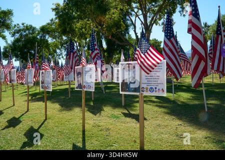 Cathedral City, Californie, États-Unis. 10 novembre 2025. Quelque deux mille drapeaux américains installés par des volontaires pour le 18e hommage annuel Fields of Valor présenté par le Cathedral City Evening Rotary. L'exposition honore les vétérans locaux, comprend une reconnaissance spéciale pour les récipiendaires Purple Heart et les chiens d'assistance. (Crédit image : © Ian L. Sitren/ZUMA Press Wire) USAGE ÉDITORIAL SEULEMENT ! Non destiné à UN USAGE commercial ! Banque D'Images