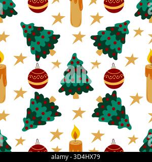 Motif sans couture de Noël dans le style dessiné à la main. Arbres de Noël, décorations de Noël. Imprimer Illustration de Vecteur