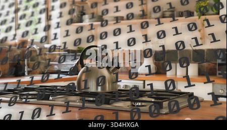 Bouilloire vapeur en acier inoxydable assis sur le brûleur à gaz dans la cuisine résidentielle, dosseret carrelé Banque D'Images