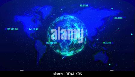 Affichage du globe polygonal à facettes tournant dans la visualisation virtuelle de données 3D, avec des superpositions numériques Banque D'Images