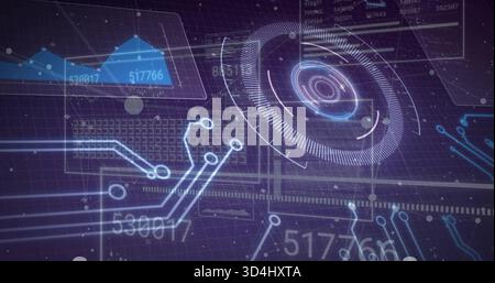 Affichage d'un grand cadran holographique circulaire tournant sur le tableau de bord virtuel, montrant des superpositions numériques Banque D'Images
