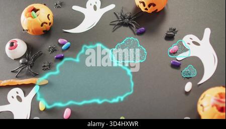 Mettant en valeur une zone blanche centrale en forme de nuage cyan néon sur une table sombre, avec des découpes fantômes et des bonbons Banque D'Images