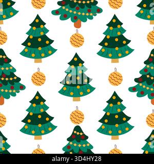 Motif sans couture de Noël dans le style dessiné à la main. Arbres de Noël, décorations dorées. Imprimer pour la conception, textile, tissu, papier peint, papier d'emballage Illustration de Vecteur