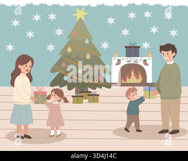 Une scène familiale chaleureuse avec parents et enfants échangeant des cadeaux près d'un sapin de Noël. Ambiance chaleureuse de la maison pleine d'amour, de joie et de magie de vacances. Illustration de Vecteur