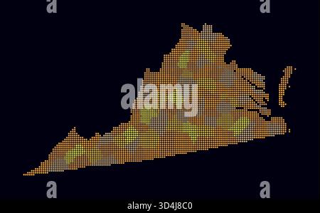 Carte en pointillés de Virginie. Carte de style numérique de l'état sur un fond sombre. Forme de Virginie avec des points circulaires. Style de points colorés. Cercles de petite taille. Illustration de Vecteur