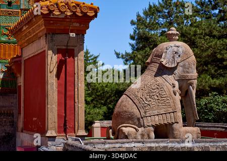 Vue rapprochée d'un éléphant assis dans le temple Xumi Fushou de style tibétain à Chengde, Chine Banque D'Images