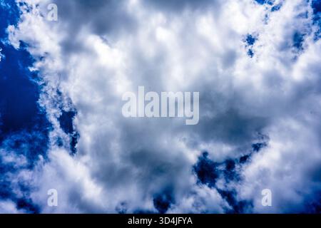 Une photographie abstraite à fort contraste de nuages blancs et moelleux sur un ciel bleu profond et éclatant, créant un BA naturel dramatique et texturé Banque D'Images