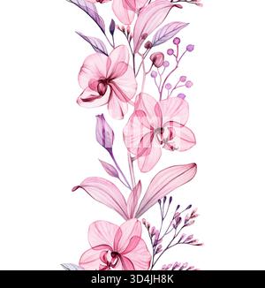 Bordure florale aquarelle. Motif vertical sans couture en répétition. Orchidées et feuilles transparentes abstraites. Illustration botanique isolée dessinée à la main pour Banque D'Images