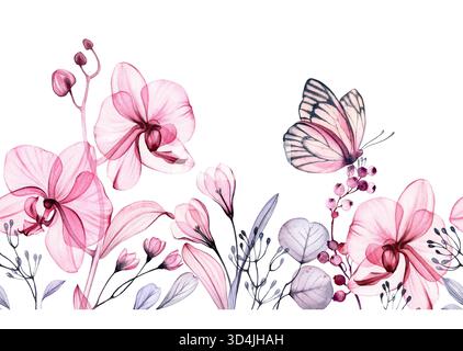 Bordure florale aquarelle. Motif horizontal sans couture en répétition. Orchidées abstraites transparentes, feuilles et papillon. Botanique isolé dessiné à la main Banque D'Images