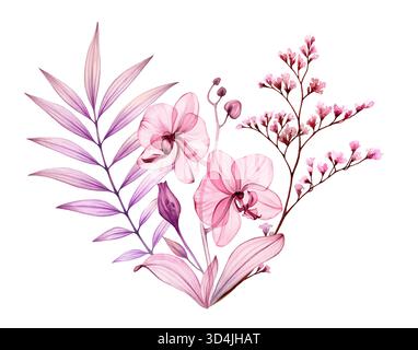 Bouquet tropical aquarelle. Orchidées transparentes abstraites, branches de palmier et feuilles en rose poussiéreux et violet. Botanique isolé dessiné à la main Banque D'Images