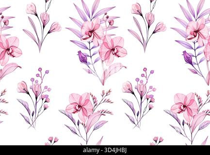 Motif sans couture floral aquarelle en répétition. Orchidées abstraites transparentes, feuilles et baies. Illustration botanique isolée dessinée à la main pour textile Banque D'Images